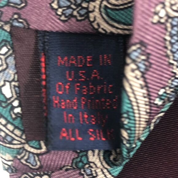 Vintage Rooster Silk Tie Paisley Purple Green Blue Made in USA Hand Printed Ital - Picture 5 of 6